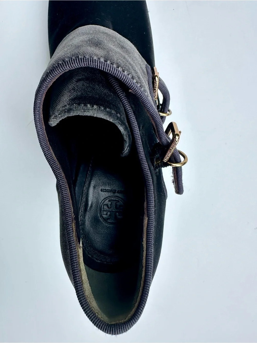 Tory Burch Carley Velvet Booties Gray Grigio Block Heel Double Monk Buckle Shoes